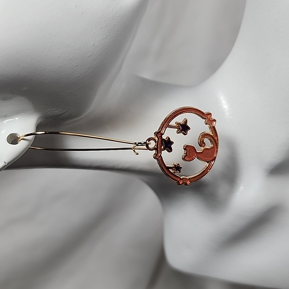 Cat Moon Stars Pink and Gold Earrings‎